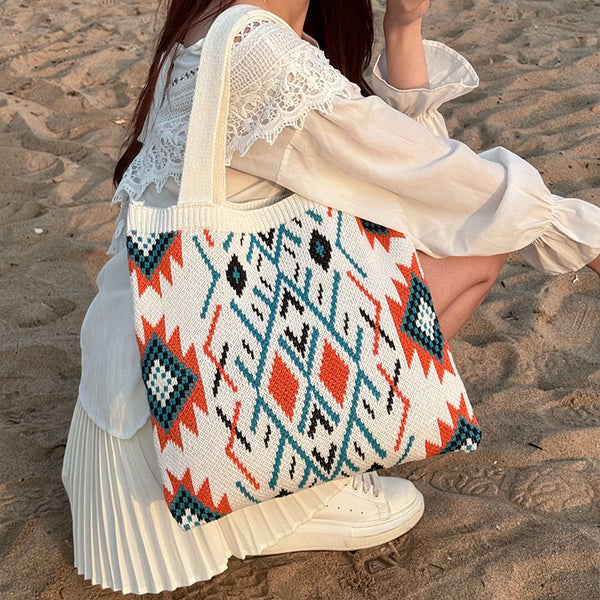 Bohemian Tribal South Western Pattern Knit Woven Shoulder Tote Bag Cream