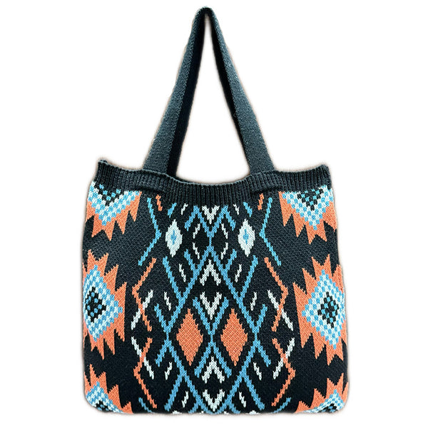 Bohemian Tribal South Western Pattern Knit Woven Shoulder Tote Bag Black