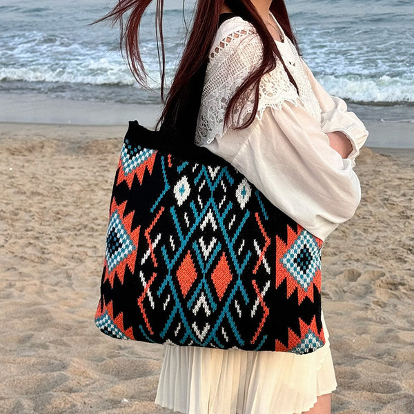 Bohemian Tribal South Western Pattern Knit Woven Shoulder Tote Bag Black