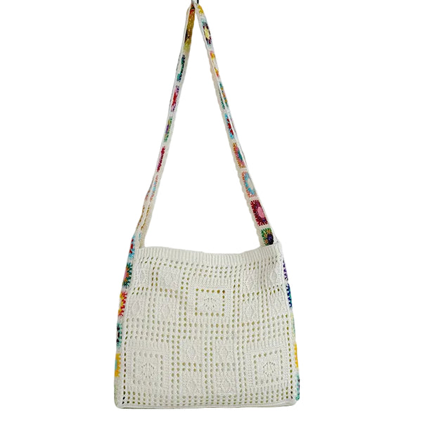 Bohemian Hollow Knit Crossbody Shoulder Tote Bag Casual Holiday Cream