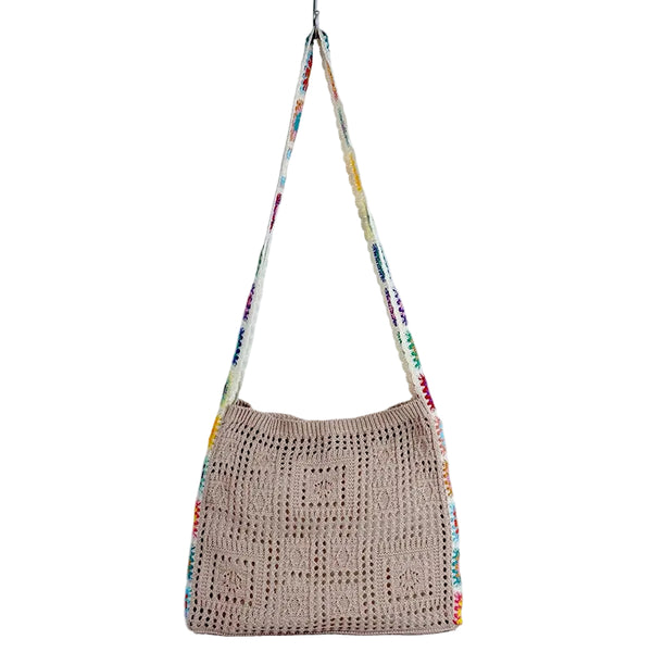 Bohemian Hollow Knit Crossbody Shoulder Tote Bag Casual Holiday Beige