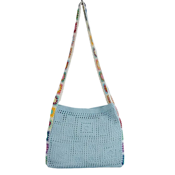 Bohemian Hollow Knit Crossbody Shoulder Tote Bag Casual Holiday Blue