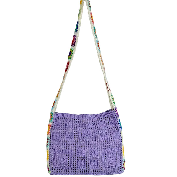 Bohemian Hollow Knit Crossbody Shoulder Tote Bag Casual Holiday Purple