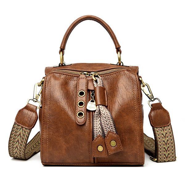 Nylon Water Resistant Round Crossbody Shoulder Bag Multi Pocket Design Brown