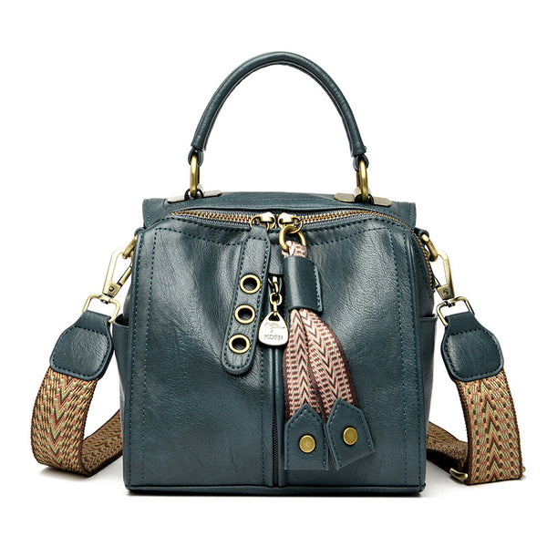 Faux PU Leather Top Handle Crossbody Shoulder Bucket Bag Wide Strap Blue