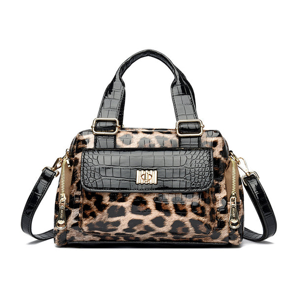 Faux PU Leather High Gloss Patent Look Top Handle Crossbody Shoulder Bag Leopard Print