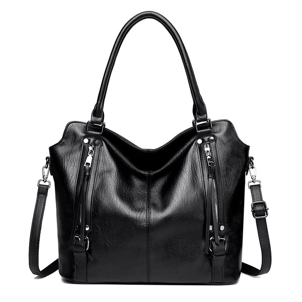 Faux PU Leather Tote Crossbody Shoulder Bag Handbag Zip Detail Black