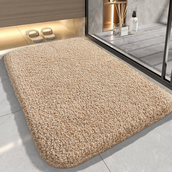 Shag Bath Mat Silver Ion Antibacterial Quick Dry Non Slip TPR 40 x 60cm Khaki