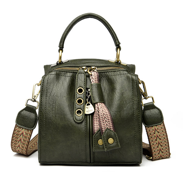 Faux PU Leather Crossbody Shoulder Box Bucket Bag Top Handle Wide Strap Green
