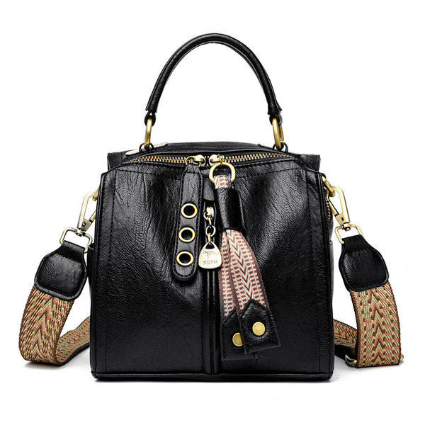 Faux PU Leather Crossbody Shoulder Box Bucket Bag Top Handle Wide Strap Black