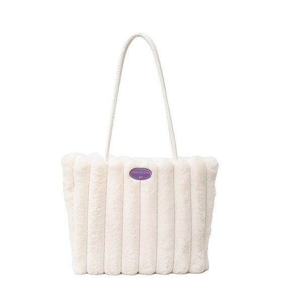 Faux Fur Ribbed Tote Shoulder Bag Large Capacity Adjustable Handle Off White