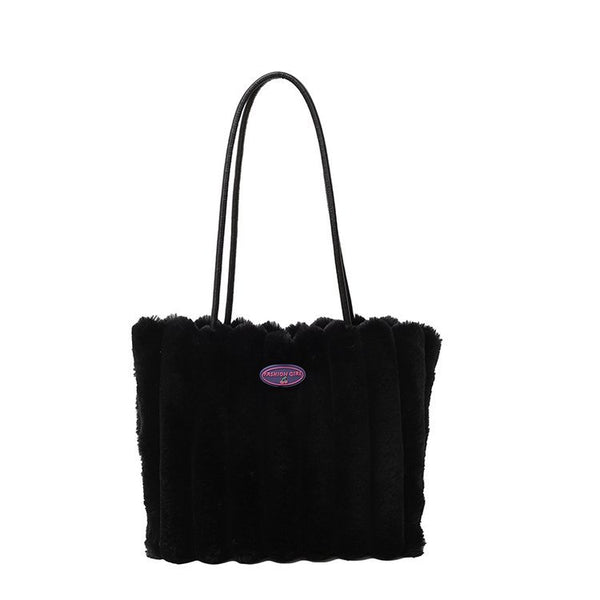 Faux Fur Ribbed Tote Shoulder Bag Large Capacity Adjustable Handle Black