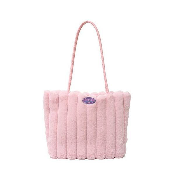 Faux Fur Ribbed Tote Shoulder Bag Large Capacity Adjustable Handle Pink