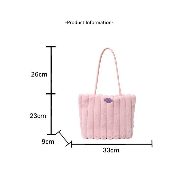 Faux Fur Ribbed Tote Shoulder Bag Large Capacity Adjustable Handle Pink