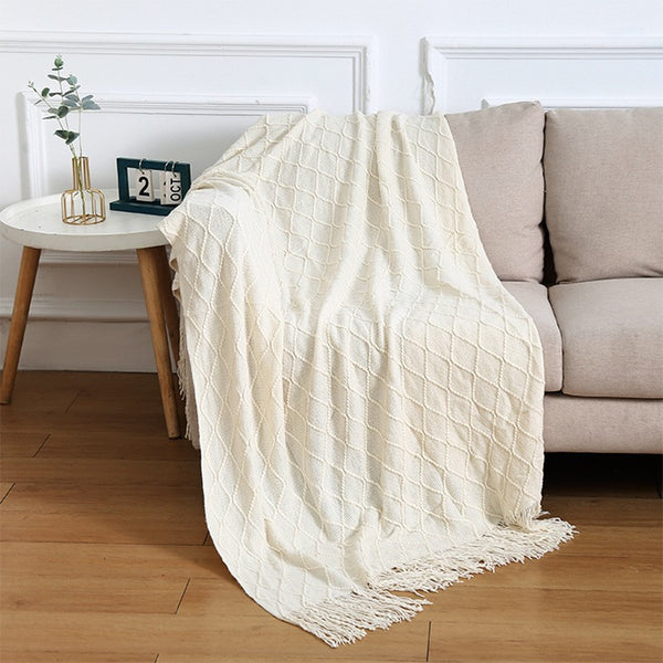 Diamond Minimalist Knit Throw Blanket Tassel Fringe 127 × 180cm Cream