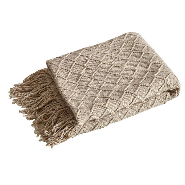 Diamond Minimalist Knit Throw Blanket Tassel Fringe 127 × 180cm Brown