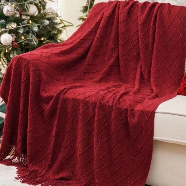 Diamond Minimalist Knit Throw Blanket Tassel Fringe 127 × 180cm Red