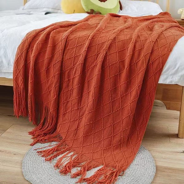 Diamond Minimalist Knit Throw Blanket Tassel Fringe 127 × 180cm Brick Red