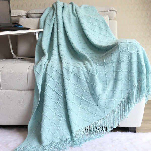 Diamond Minimalist Knit Throw Blanket Tassel Fringe 127 × 180cm Light Blue