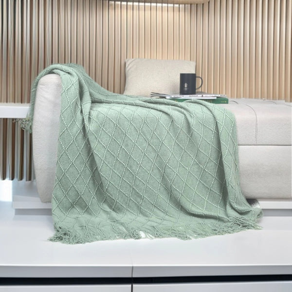 Diamond Minimalist Knit Throw Blanket Tassel Fringe 127 × 180cm Mint Green