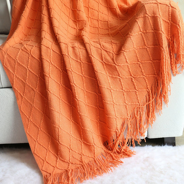 Diamond Minimalist Knit Throw Blanket Tassel Fringe 127 × 180cm Orange