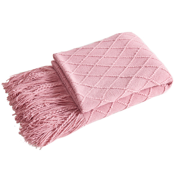 Diamond Minimalist Knit Throw Blanket Tassel Fringe 127 × 180cm Pink