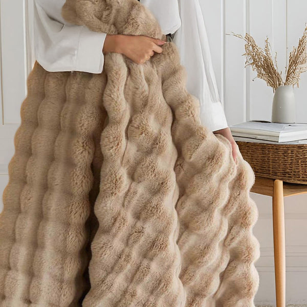 Faux Rabbit Fur Tuscany Fleece Bubble Blanket Throw Rug 180 x 200 cm Brown