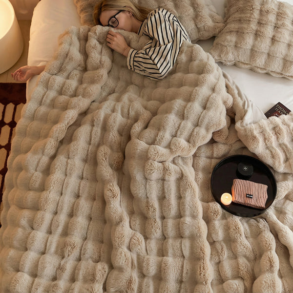 Faux Rabbit Fur Tuscany Fleece Bubble Blanket Throw Rug 180 x 200 cm Brown