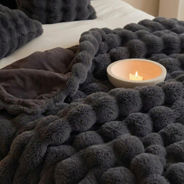 Faux Rabbit Fur Tuscany Fleece Bubble Blanket Throw Rug 180 x 200 cm Dark Grey
