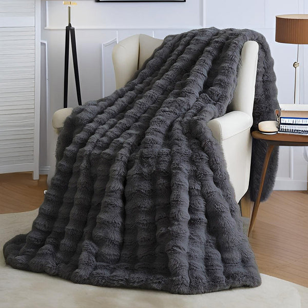 Faux Rabbit Fur Tuscany Fleece Bubble Blanket Throw Rug 200 x 230 cm Dark Grey
