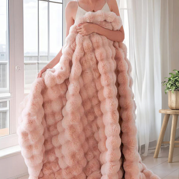 Faux Rabbit Fur Tuscany Fleece Bubble Blanket Throw Rug 140 x 200 cm Pink