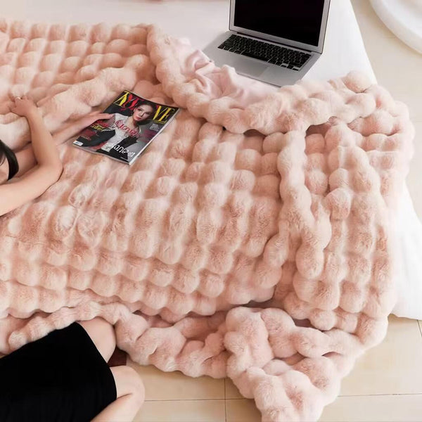 Faux Rabbit Fur Tuscany Fleece Bubble Blanket Throw Rug 180 x 200 cm Pink