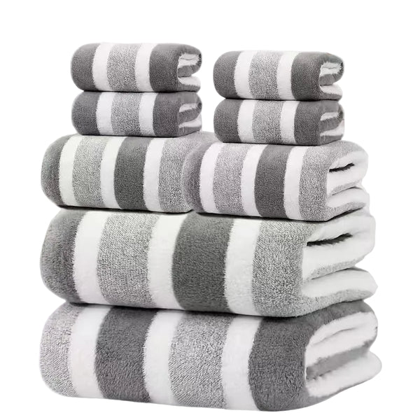 8 Pce Coral Fleece Bath Sheet Towel Hand Face Cloth Set Striped Grey