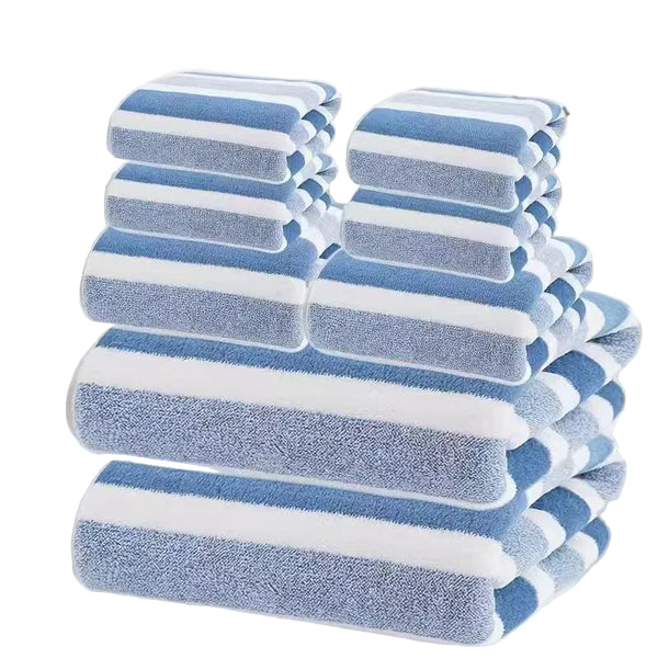 8 Pce Coral Fleece Bath Sheet Towel Hand Face Cloth Set Striped Blue