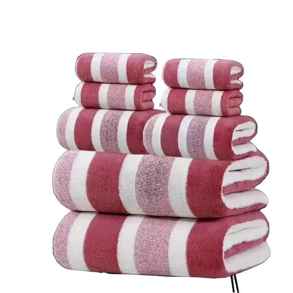 8 Pce Coral Fleece Bath Sheet Towel Hand Face Cloth Set Striped Red