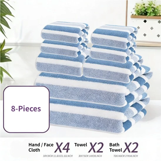 8 Pce Coral Fleece Bath Sheet Towel Hand Face Cloth Set Striped Red