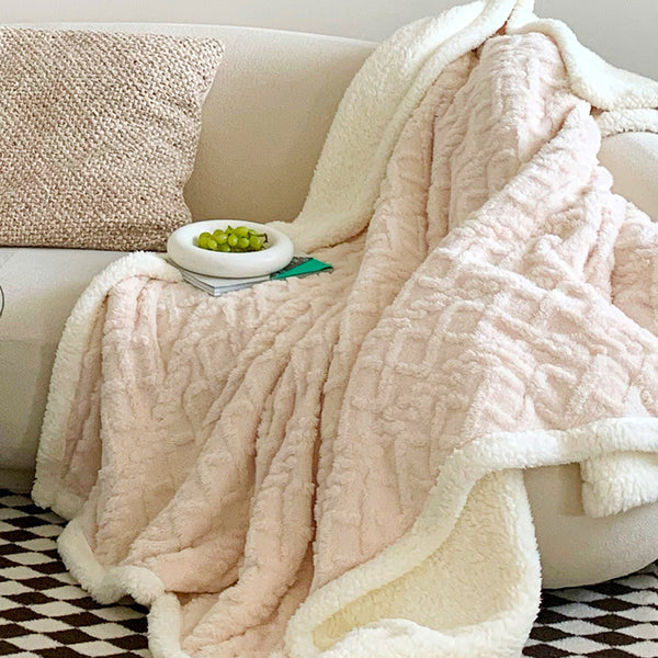 Double Sided Taffeta Sherpa Fleece Diamond Blanket Throw 180 x 200cm Beige