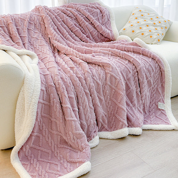 Double Sided Taffeta Sherpa Fleece Diamond Blanket Throw 180 x 200cm Purple