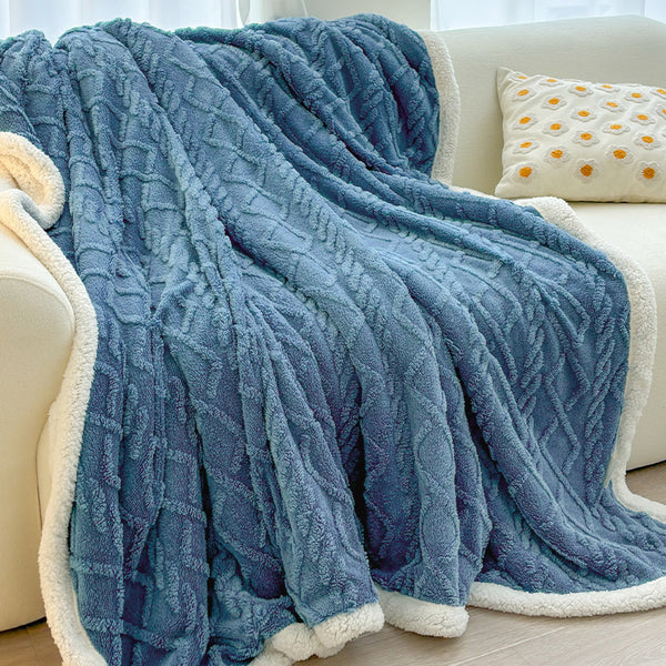 Double Sided Taffeta Sherpa Fleece Diamond Blanket Throw 180 x 200cm Blue