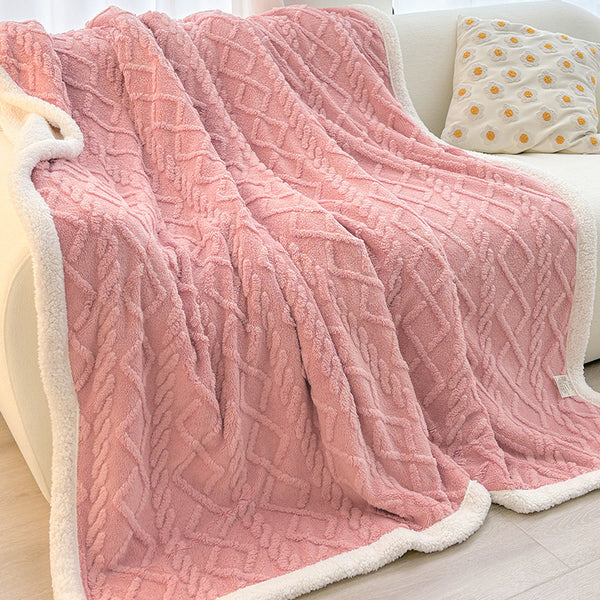 Double Sided Taffeta Sherpa Fleece Diamond Blanket Throw 180 x 200cm Pink