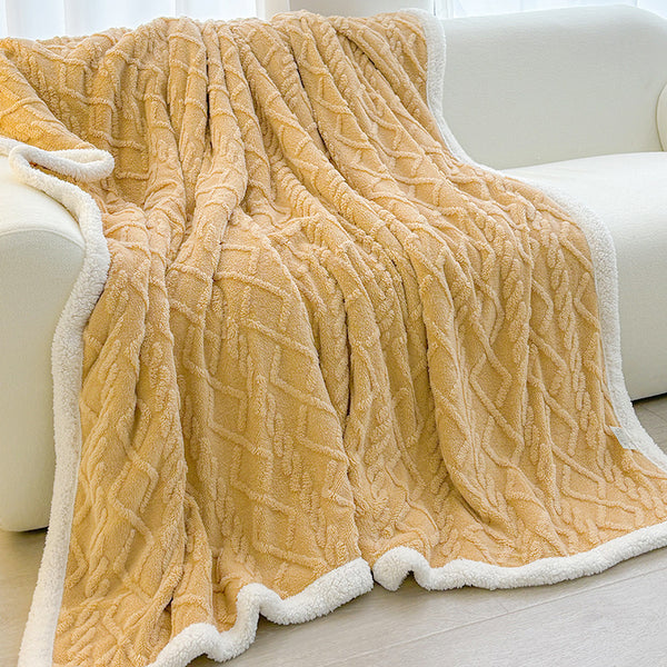 Double Sided Taffeta Sherpa Fleece Diamond Blanket Throw 180 x 200cm Yellow