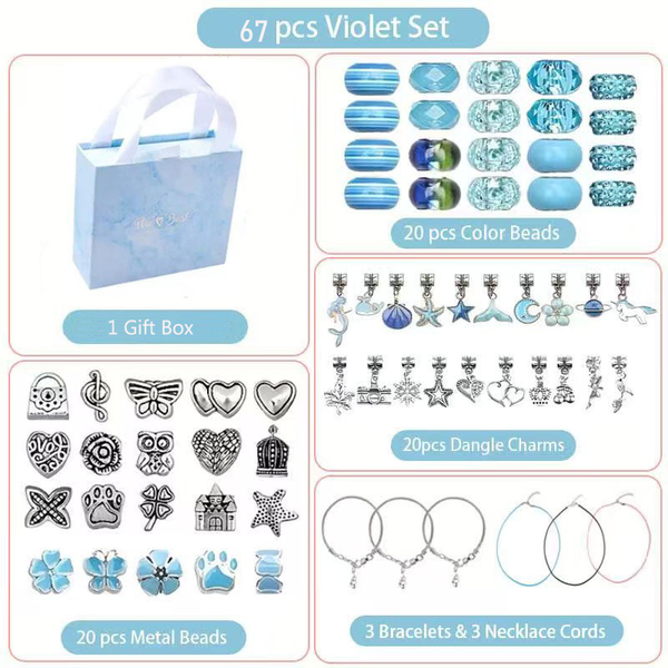 67 Pce DIY Bracelet Kit Set Beads Charms Gift Box Unicorn Mermaid Blue