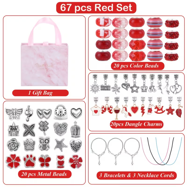 67 Pce DIY Bracelet Kit Set Beads Charms Gift Box Unicorn Mermaid Red