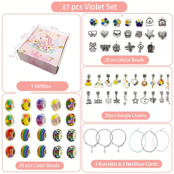 67 Pce DIY Bracelet Kit Set Beads Charms Gift Box Unicorn Mermaid Pink