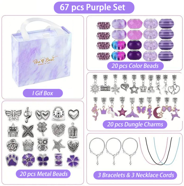 67 Pce DIY Bracelet Kit Set Beads Charms Gift Box Unicorn Mermaid Purple