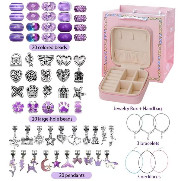 66 Pce DIY Bracelet Kit Set Beads Charms Storage Case Unicorn Mermaid Purple