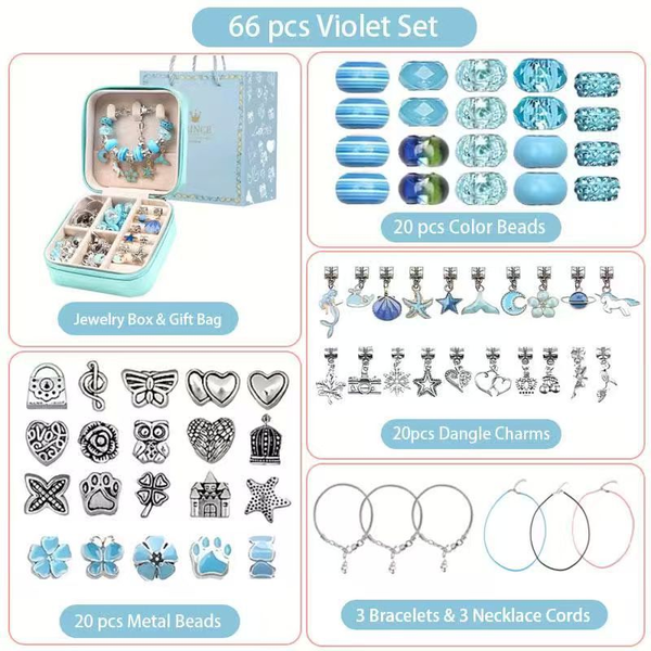 66 Pce DIY Bracelet Kit Set Beads Charms Storage Case Unicorn Mermaid Blue