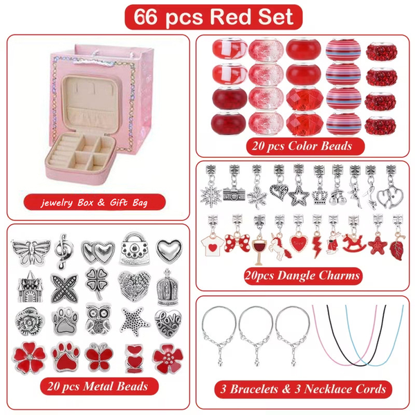 66 Pce DIY Bracelet Kit Set Beads Charms Storage Case Unicorn Starfish Red