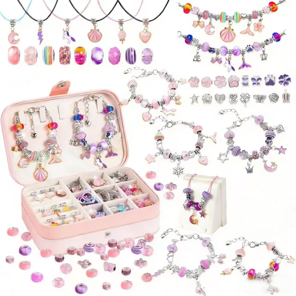134 Pce DIY Bracelet Kit Set Beads Charms Storage Case Unicorn Mermaid Pink