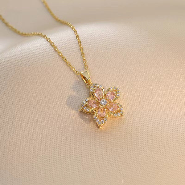 Rotating Floral Flower Titanium Steel Gemstone Pendant Necklace